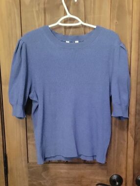 Blue Knit Short-Sleeve Sweater